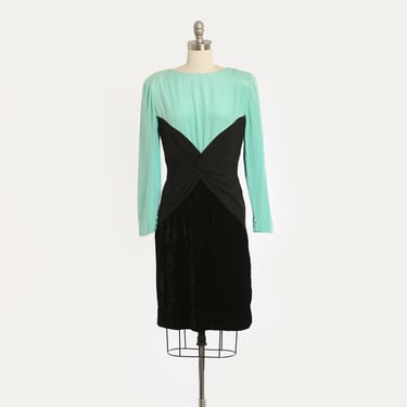 BILL BLASS dress | Vintage 90s 40s Bill Bless colorblock velvet rayon long sleeve wiggle dress 