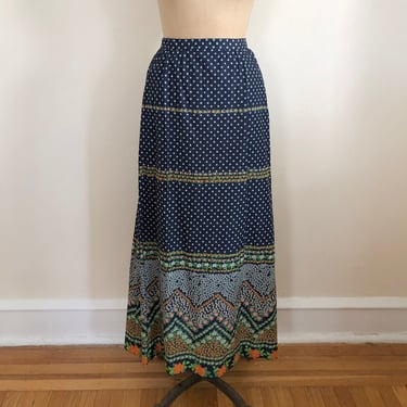 Navy Floral Placement Print Maxi Skirt - 1970s 