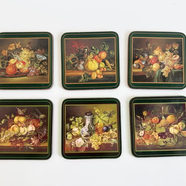 Pimpernel Fruit Still Life Deluxe Cork Backed Wooden Coaster Set of 6 with Original Box England Vintage 1960s 