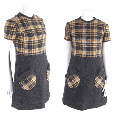 60s mini dress, vintage 1960s MOD wool dress, wool plaid short dress size S 4-6 