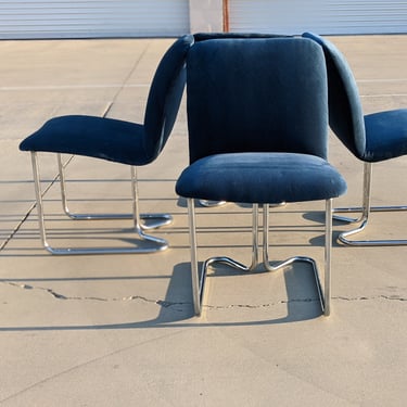 Vintage Milo Baughman for DIA Dining Chairs | Chrome | Blue Velvet | MCM | Mid Century | Retro | Tubular | Set of Four 