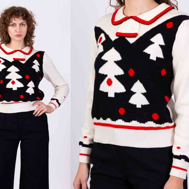 70s 80s Lanz Originals Christmas Tree Sweater - Medium | Vintage White Black Collared Knit Pullover Jumper 