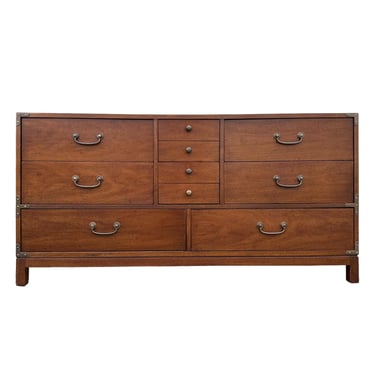 Campaign Dresser by Drexel Barbados Collection - 1960s Vintage Walnut Wood 8 Drawer Credenza Sideboard Mid Century Modern MCM Furniture 