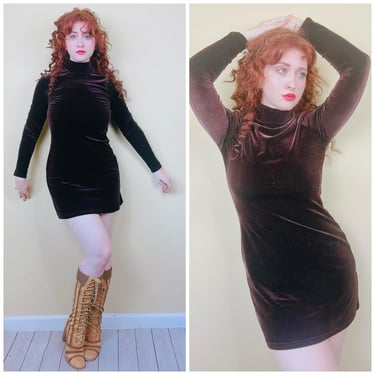 1990s Vintage Spandex Brown Velvet Dress / 90s Body Con Turtleneck Mini My Michelle  / Size Small 