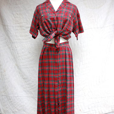 80s Red Plaid Flannel Short Sleeve Blouse and Skirt Set Size S 