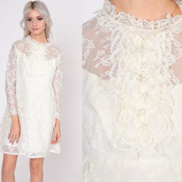White Lace Dress 60s Mini Party Dress Ruffled High Neck Long Sheer Sleeve Illusion Neckline Victorian Mod Wedding Vintage 1960s Medium 