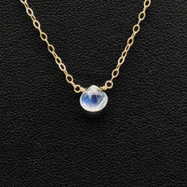 Minimalist 90's blue flash moonstone 14k GF affixed pendant, dainty gold filled metal layering necklace 