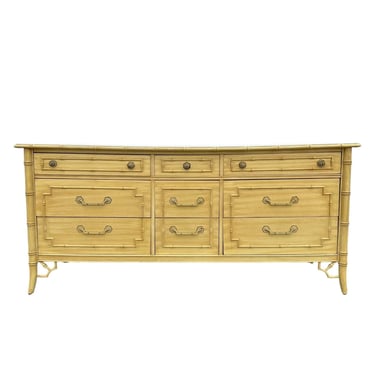 Vintage Faux Bamboo Dresser by Thomasville Allegro - 1970s Yellow & White Hollywood Regency Coastal Boho Chinoiserie 9 Drawer Credenza 