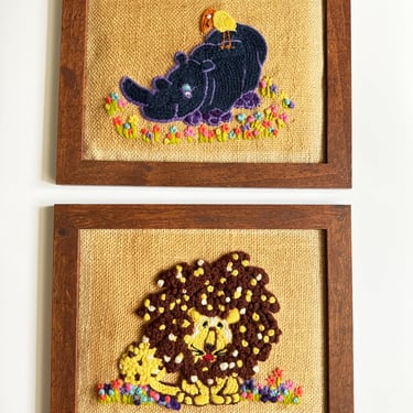 Vintage Paragon Creature Crewel Embroidery Framed / Set of two Crewel / Paragon Creatures Style / Lion Crewel / Purple Hippo / Floral Crewel 