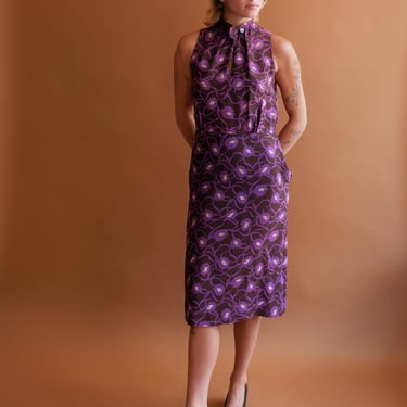 Vintage 40s Silk Floral Sleeveless Dress/ 1940s Brown and Purple Dress/ Size Small 