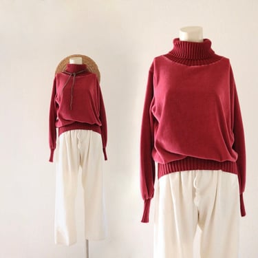 70s cherry velour turtleneck sweatshirt -  m - vintage 70s 80s red velvet cropped womens sweatshirt shirt top 