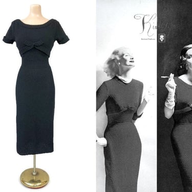 VINTAGE 1950s Black Boucle Knit Wiggle Dress With Bow by Kimberly Knitwear | 50s Pure Wool Curvy Bombshell Sweater Dress | VFG 