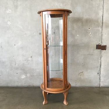 Vintage Circular Wood & Glass Display Case with Key