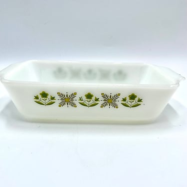 Anchor Hocking Fire King Meadow Green 1 Qt. Bread Pan, Milk Glass, Bakeware, Green Flower Flowers, Yellow, Gold, Floral Baking Dish 