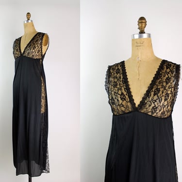 70s Black Sheer Lace Slip /Vintage Slip Dress / Size S/M 
