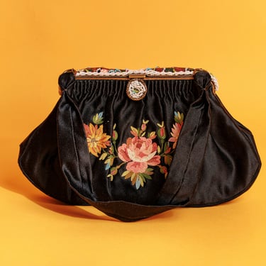 50s Black Silk Embroidered Colorful Purse Vintage Flower Beaded Handle Evening Bag 