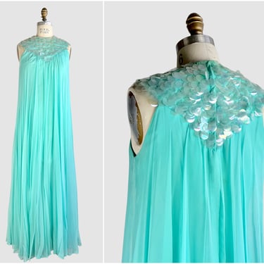 SHEER SPLENDOR Vintage 60s Dress | 1960s Seafoam Chiffon Gown with Jumbo Sequin | Mid Century, Mod, Pinup, Mad Men | Size Small 
