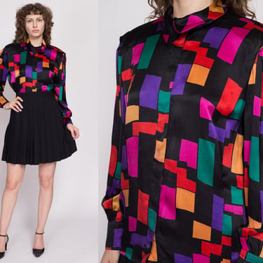 80s Escada Silk Geometric Blouse - Large | Vintage Margaretha Ley Black Rainbow Button Up Designer Top 