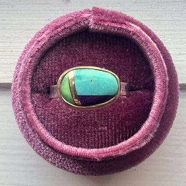 Mixed turquoise and gold art stone bezel set 14k gold and silver ring 