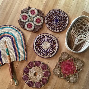 Wicker colorful set, instant boho collection of curated wall trivets, fan and small bowl 
