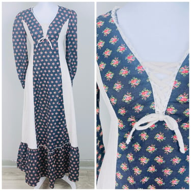 1970s Vintage Bobbie Brooks Cotton Black Floral Prairie Dress / 70s / Seventies Cream Lace Up Juliet Maxi Dress / Size Small / Medium 