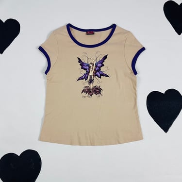 vintage 90's 1998 fairy fantasy graphic t-shirt FINE clothing cotton ringer glitter print wings tattoo tribal printed baby tee Tshirt L XL 