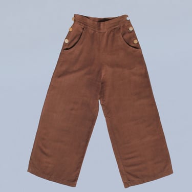 1930s Pants / 1930s-40s Chocolate Brown Cotton Twill Sportswear Trousers / Wide Leg / Side Button 
