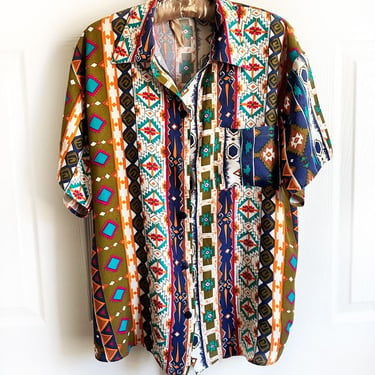 80's Aztec South West Print Shirt, Rayon Vintage Button Down Short Sleeve 1980's Native American Indian Western Unisex Shirt Blouse 