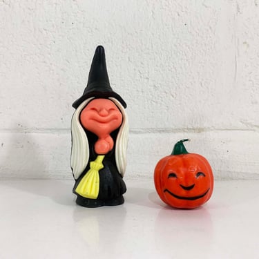 Vintage Halloween Figurines Candle Orange Jack-o-lantern Witch Party Favor Pumpkin Wizard Air Freshener Set of 2 1980s 