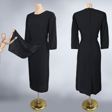 VINTAGE 50s Black Dress with Dramatic Flyaway Front Panel by Jack Mann | 1950s Film Noir Bombshell Cocktail Dress | VFG 
