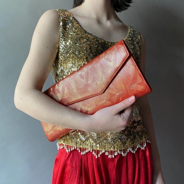 Vintage Art Deco Style Clutch / Vintage Clutch Purse /  y2k Evening Purse / Red and Gold Evening Clutch / Long Vintage Clutch Purse 