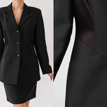 Vintage 90s BYBLOS Black Gabardine Structured Avant Garde Power Blazer & High Waisted Skirt Suit | Made in Italy | 1990s Designer Power Set 