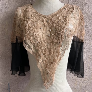 Vintage 1930s Ecru & Black Blouse Tape Spider Web Lace Silk Chiffon Dress Top