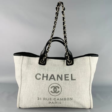 CHANEL Deanville Black Grey Tweed Straw Canvas Tote Leather Handles Handbag