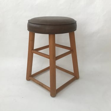 Vintage Mid Century Four Leg Wood Low Padded Stool 