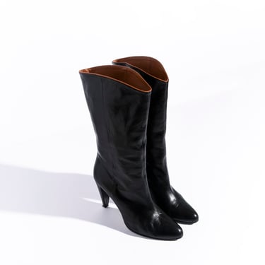 CELINE Blk Leather Mid Calf Heel Boots (Sz. 39)