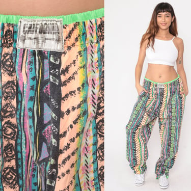 90s Parachute Pants 80s Neon Geometric Striped Print Baggy Hammer Pants High Waist Lounge Joggers Vintage 1990s Plus Size 2x xxl 3x 