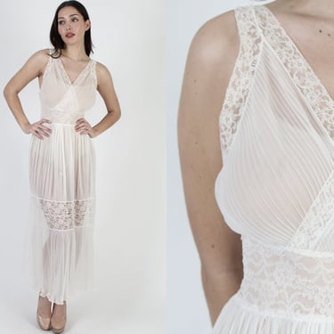 Vintage 50s Bridal Nightgown, MCM Sheer Lace VLV Outfit, Evening Negligee Lingerie Maxi Dress 