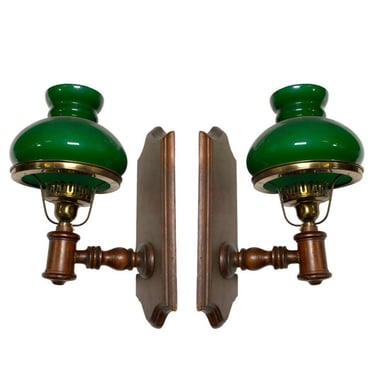 Western Oil Lamp Green Bankers Electric Sconce w/Shade, Pair 