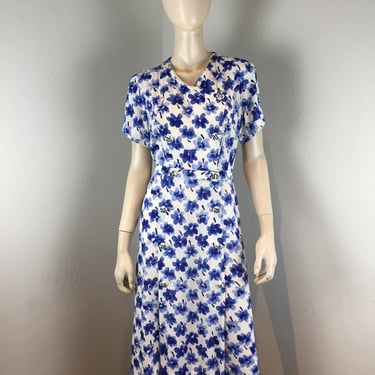 Afternoon Gossips - Vintage 1940s 1950s Blue White Floral Day Dress - 6/8 