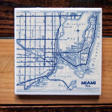 1954 Miami Florida Map Coaster. Miami Gift. Vintage Map. Miami Coasters. Florida Decor. Miami Beach Map. Biscayne Bay. South Florida Gift. 