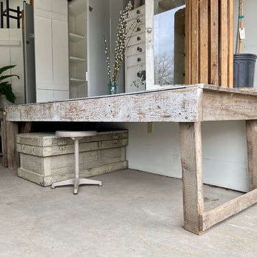 8’ Long Antique Planked Wood Table Bar Workbench Potting Bench Farmhouse Desk | Rustic Table | Industrial Work Bench Beadboard Chippy Shabby 