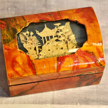 Chinese Jewelry or Trinket Box With Cork Art Diorama on Lid Lacquered Wooden Box Red Silk Lining Chinese Village Diorama Handmade Vintage 