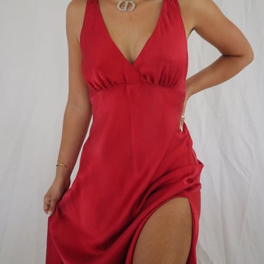 Vintage Scarlet Red Victoria’s Secret Silk Full Length Slip Dress - Medium - Front Side Slit 