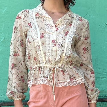 70s Semi Sheer Rose and Lace Blouse