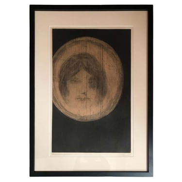 Black &amp; White Lithograph Portrait of a Young Woman in a Circle