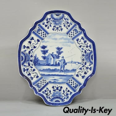 Vintage Blue White Porcelain Delf Style Italian Fisherman Wall Art Charger Plate