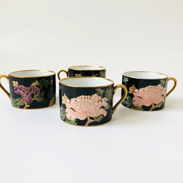 Vintage 1970s Cloisonne Peony Mugs by Fitz and Floyd / Set of 4 
