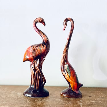 Mid Century Bird Sculpture Statue Set of 2 | Red Brown Drip Pottery Crane | Japan | Swan Ceramic Glaze MCM 