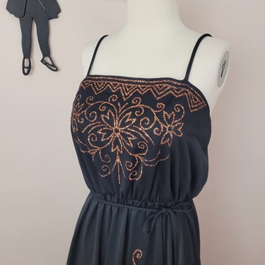 Vintage 1970's Black Glitter Disco Dress / 70s Polyester Spaghetti Strap Dress S/M 